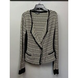 Matty M Sweater Womens Medium Black White Striped Knit Blazer Cardigan Cotton
